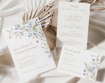 Printable Wildflower Wedding Invitation Suite Template with QR code, Invite Set with Watercolor Flowers, Edit in Corjl