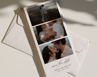 Photo strip Save the Date Template with Script Font, Modern DIY wedding photo booth announcement printable, Instant download, Edit in Corjl