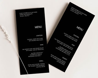 Black wedding menu template, Printable editable minimalist black dinner menu card, Simple modern black menu template, Instant download