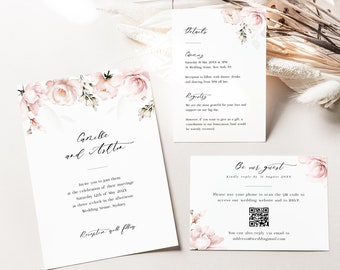 Floral wedding invitation template suite with pale pink roses, Elegant wedding invite bundle in soft blush, Watercolor flowers