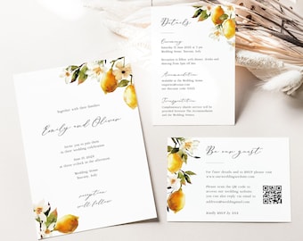 Printable Blooming Citrus Wedding Invitation Suite Template, Lemon Invitation Bundle with QR code, Edit in Corjl, Italy Theme Wedding