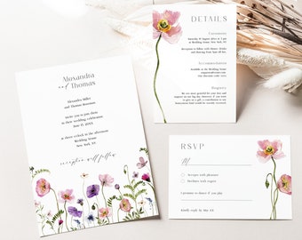 Floral Wedding Invitation Template Set, Perfect Watercolor Wild Flower Wedding Printables