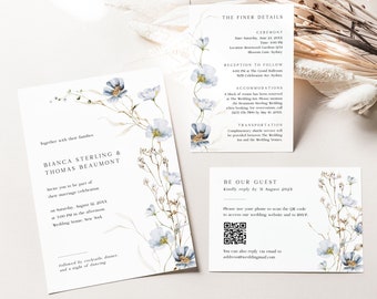 Printable Wedding Invitation Template Set with Wildflowers, Wedding Bundle with Blue Watercolor Florals, Boho Wedding Suite, Edit in Corjl