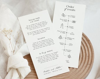 Modern wedding timeline template with icons, DIY printable program wedding day schedule with calligraphy font, Instant Download