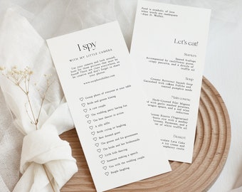 Druckbares Menü mit I Spion Spiel Vorlage, Elegante minimalistische Typografie Abendmenü Karte mit lustigen Hochzeitsfoto Jagdspiel, Bearbeiten in Corjl