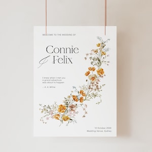 Floral wedding welcome sign template with orange flowers, Reception signage with elegant watercolor wildflowers, Printable editable