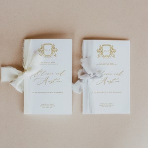 カトリックの結婚式プログラム小冊子テンプレート、ミニマリストの結婚式プログラム、結婚式のロゴの紋章が付いたモダンな結婚式プログラムテンプレート