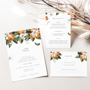 Blooming Citrus Wedding Invitation Template Suite, Orange Theme Wedding Bundle, Printable and Editable Invites