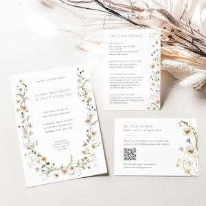 Plantillas de invitación de boda con flores, imprimibles DIY con flores de acuarela, paquete de boda bohemio