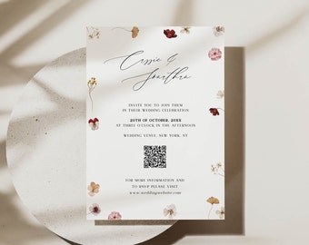 Printable floral wedding invitation template with QR code, Modern wedding QR code invite with fall flowers, Edit in Corjl, Instant download