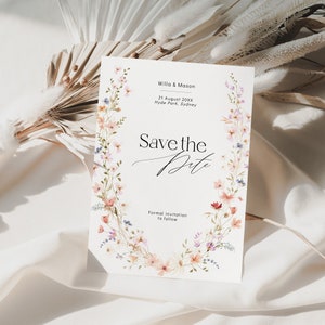 Modèle floral réservez la date avec des fleurs sauvages aquarelles, carte d'invitation de mariage boho dans le jardin, réservez notre date, modifiable imprimable