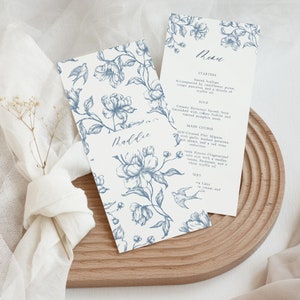 Plantilla de menú de boda vintage floral con nombre de invitado, elegante menú de cena victoriano con flores de acuarela, incluye tarjeta de lugar, edita en Corjl