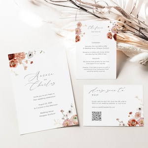 Floral Wedding Invitation Template Suite, Autumnal Watercolor Wild Flower Wedding Printables, Modern Wedding Invite Bundle, Edit in Corjl
