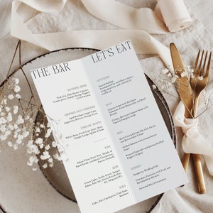 Menu de mariage plié imprimable avec menu du bar et chronologie avec icônes, carte de menu du dîner minimaliste modifiable, édition en Corjl