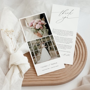 Modèle de carte de remerciement de mariage 4 x 9 avec photos, longues cartes de remerciement minimalistes modifiables avec photos, mot de remerciement imprimable