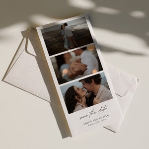 Photo strip Save the Date Template with Script Font, Modern DIY wedding photo booth announcement printable, Instant download, Edit in Corjl