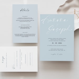 Light blue wedding invitation template suite Modern dusty blue wedding invite bundle Editable printable Instant download image 1