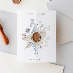 Druckbare Hochzeitseinladung mit QR-Code, Timeline, Trifold Einladung Blaue Blumen, Gefaltete Einladung mit Wildblumen
