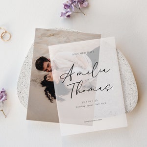 Vellum save the date invitation template with photo Modern save the date with vellum overlay 5x7