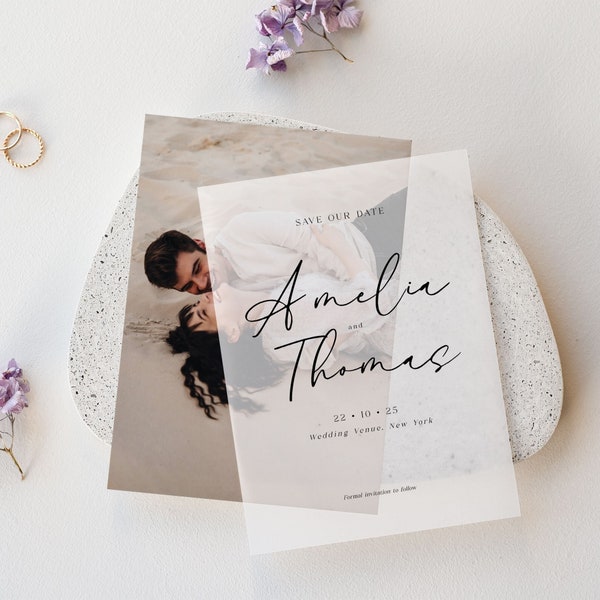Vellum save the date invitation template with photo Modern save the date with vellum overlay 5x7