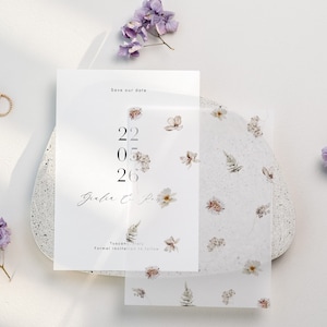 Modèle réservez une date en vélin avec des fleurs à l'aquarelle, réservez un rendez-vous moderne avec une superposition en vélin floral
