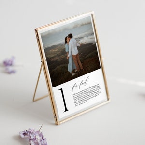 Moderne Tischnummer Vorlage mit Foto und lustigen Fakten, Love Story Tischschild Vorlage mit Bildern, DIY bearbeitbare druckbare Tischdekoration