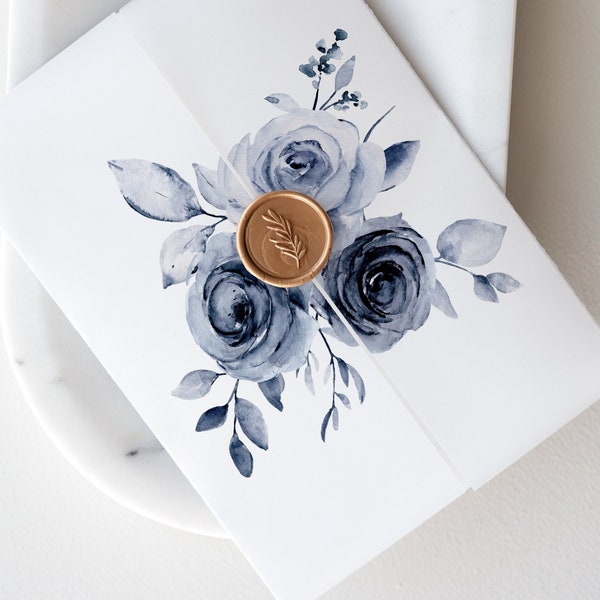 Printable Vellum Wrap with Blue Roses, Vintage Floral Vellum Jacket, DIY Vellum Fold Template