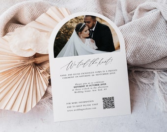 Arch elopement announcement template with QR code and photo Minimalist arched elopement invitation printable with photograph