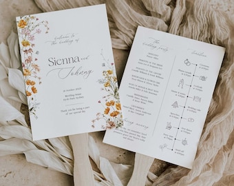 Printable Floral Wedding Program Fan Template, Minimalist Wildflower Order of Events, Printable Ceremony Fan, Edit in Corjl