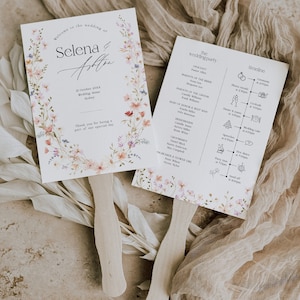Floral Wedding Program Fan Template with Timeline, Minimalist Wildflower Order of Events, Edit in Corjl, Printable Ceremony Fan