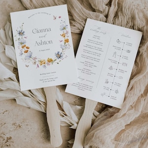 Printable Floral Wedding Program Fan Template, Minimalist Wildflower Order of Events, Printable Ceremony Fan, Edit in Corjl