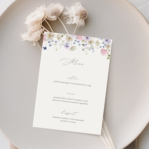 Floral Dinner Menu Template in Light Blue, Blue Wildflower Wedding Menu Template with Calligraphy Font, Modern Garden Wedding Menu Template