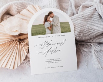 Arch save the date invitation with photo, Boho save our date marriage announcement invite card with photograph, Edit in Corjl