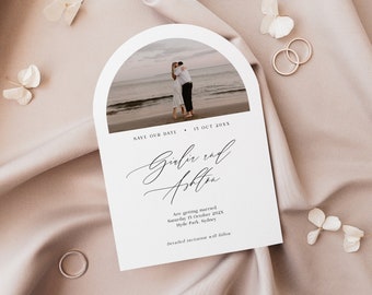 Arch save the date invitation with photo, Boho save our date marriage announcement invite card with photograph Instant download