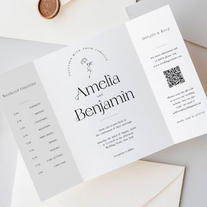 Plantilla de invitación de boda gatefold en blanco y negro tríptico moderno invita a tipografía audaz, tarjeta plegada boho minimalista, DESCARGA INSTANTÁNEA