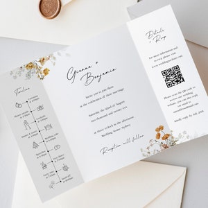 Plantilla de invitación de boda floral con código QR, plantilla de invitación triple editable e imprimible