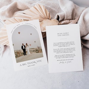 Boho Hochzeit Dankeskartenvorlage mit Bogenfoto, Boho minimalistische editierbare Dankeskarten mit Bild, druckbare Dankesnotiz