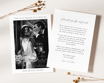 Modèle imprimable de carte de remerciement de mariage avec photo, cartes de remerciement modifiables minimalistes modernes avec photo, mot de remerciement imprimable