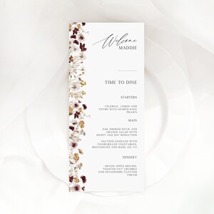Boho Hochzeitsmenü Vorlage mit Herbstblumen, Florales Abendmenü mit eingeschlossenem Gastnamen, bearbeitbares druckbares, sofortiger Download