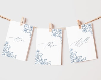 Printable Table Number Template with Vintage Roses, Modern Table number with blue florals, Elegant reception table sign, Editable table card