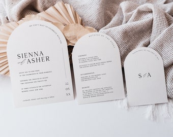 Arch Wedding Invitation Template Suite with QR Code, Printable Boho Invitation Bundle in Arch Shape, Minimalist Wedding Set, Edit in Corjl