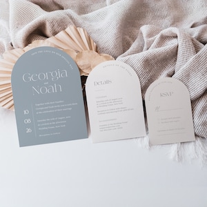 Bogen Hochzeit Einladung Vorlage Set, bedruckbare moderne Boho Dusty Blau und Beige Bogen Einladung Set, sofortiger Download, bearbeiten in Corjl