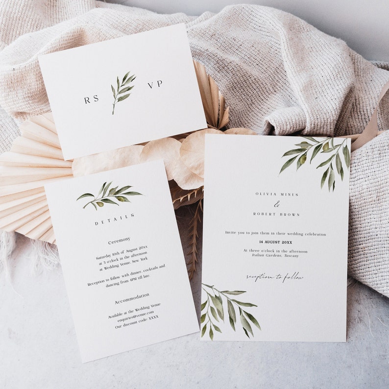 Greenery wedding invitation template suite Eucalyptus wedding invite bundle with watercolour greenery Printable editable image 3