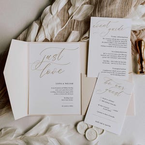 Pocketfold Hochzeitseinladungs Vorlage zum ausdrucken, minimalistisches elegantes Einladungspaket, Einladungspaket mit Script, in Corjl bearbeitet