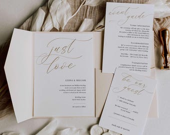 Può includere: Suite di inviti di nozze con sfondo crema e calligrafia dorata. L'invito recita "just love" e include i nomi Leona e William. La carta RSVP recita "be our guest" e include un elenco di controllo per gli ospiti per rispondere.