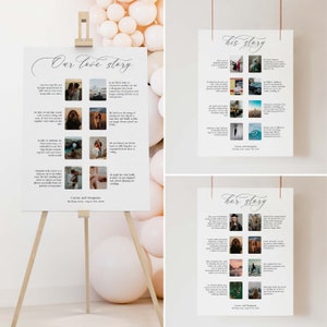 Plantilla de letrero de boda con fotos para nuestra historia, la de ella y la de él, señalización de nuestro viaje de amor para la recepción de la boda, descarga instantánea editable e imprimible