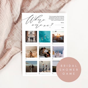 Where Were They Photo Game, Holiday Destination Photo Guessing Game, Minimalist Bridal Shower Game, Couples Shower Game, Edit with Corjl