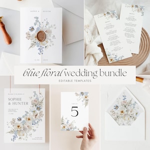 May include: A collection of wedding stationery featuring blue and white floral designs. Includes invitations, menus, table numbers, and an envelope. The text "blue floral wedding bundle" and "editable templates" are visible.
