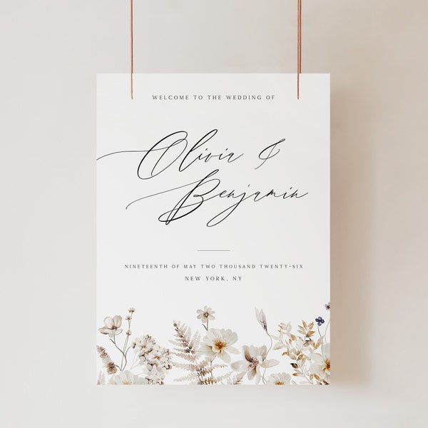 Floral Wedding Welcome Sign Template, Modern Wedding Reception Signage with White Watercolor Flowers