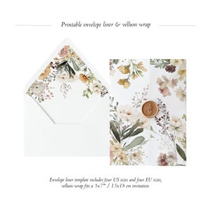 Printable Envelope Liner + Vellum Wrap Template Set, Floral Vintage Wedding Envelope Liner, Spring Floral Vellum Jacket, Vellum Fold
